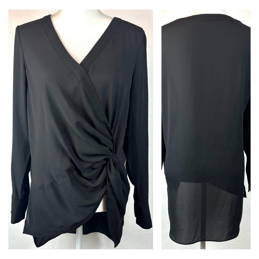 Halston‎ Blouse Black Sheer Twist Gathered Hi Low Long Sleeve Surplice V-neck S
